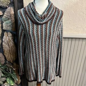 Blue and Brown Cowl Neck Sweater with Vertical Stripes